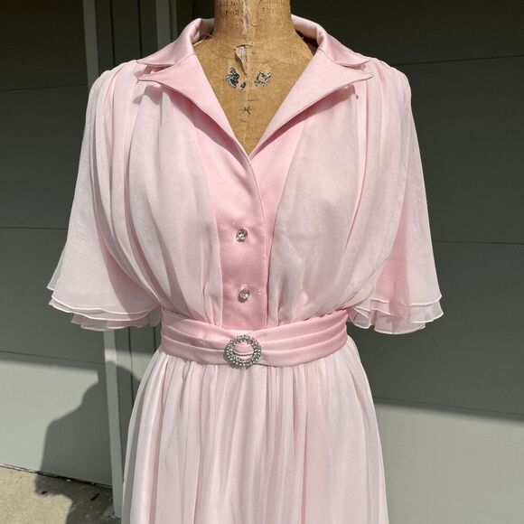 Jack Bryan Vintage 80s Pink Floaty Feminine Flutter Sleeve Dress - M/L - Picture 2 of 9